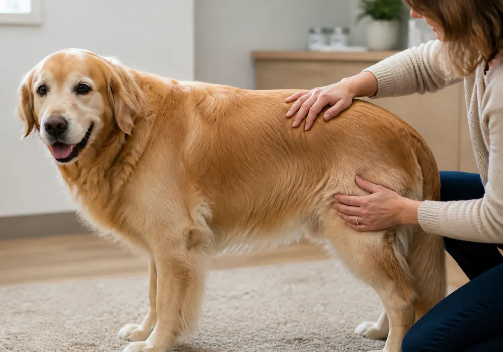 Owner checking a senior Golden Retriever’s body and muscle condition