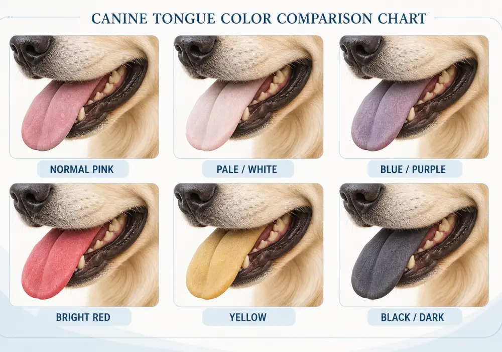 Comparison chart showing normal pink, pale, blue, red, yellow, and black dog tongue colors
