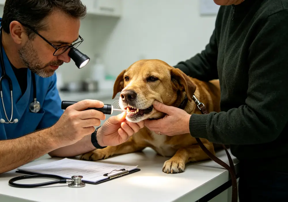 Veterinarian examining a dog with pale gums for possible anemia or poor circulation