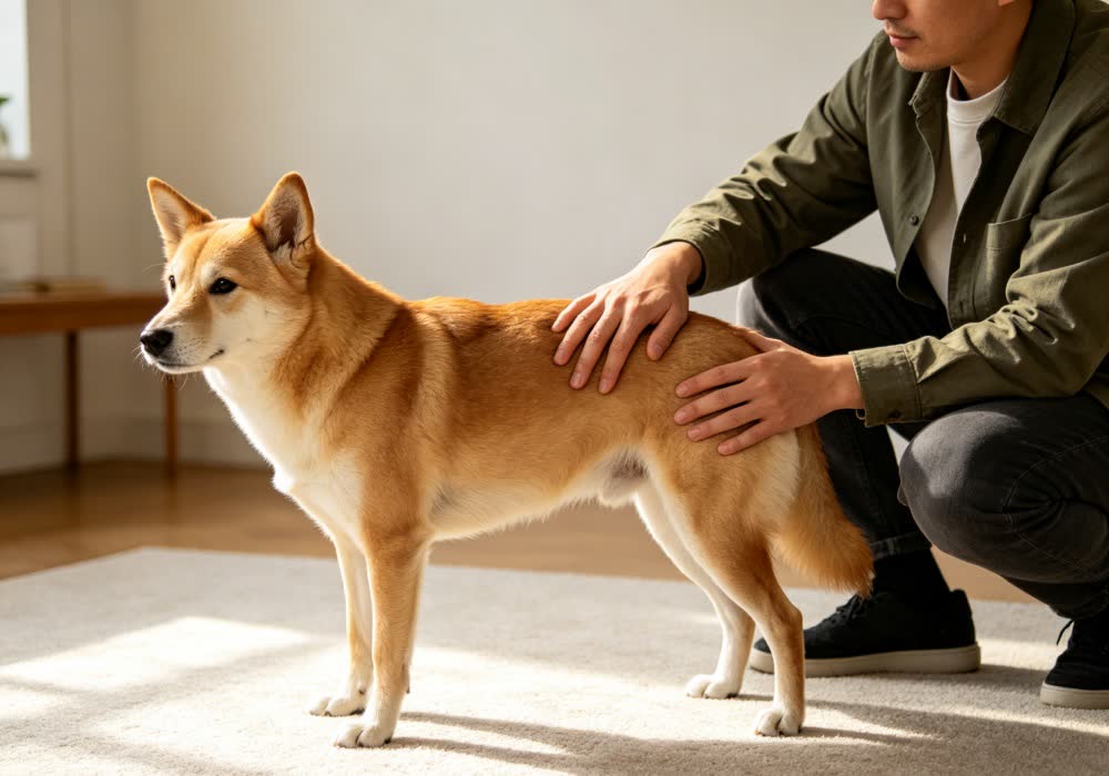 Owner checking a young dog's ribs and waist after switching from puppy to adult food