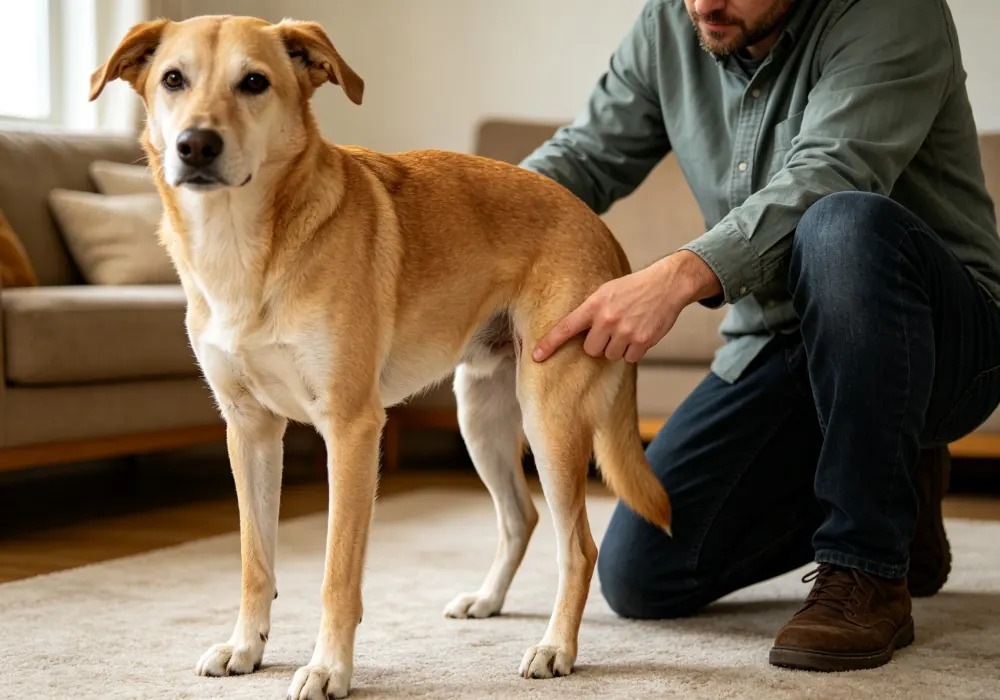 Owner using two fingers to check a dog's femoral pulse on the inner thigh