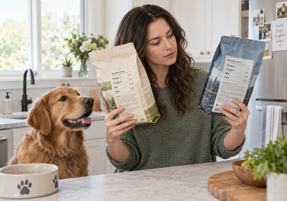 Dog owner comparing omega 3 and 6 information on dog food labels