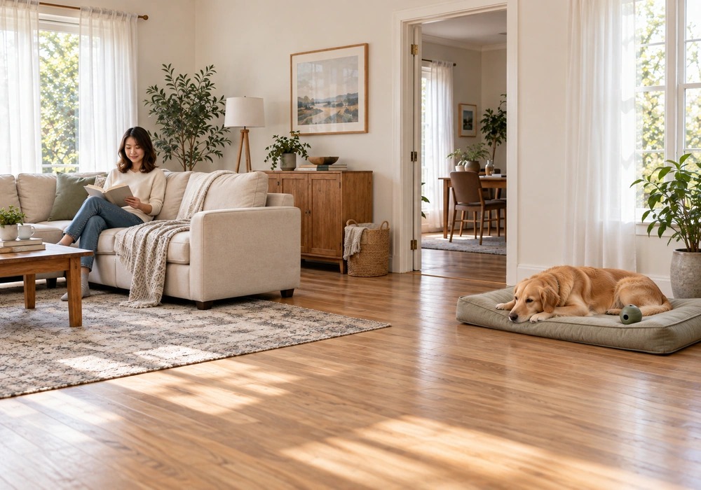 Dog relaxing independently on a training mat while its owner remains nearby