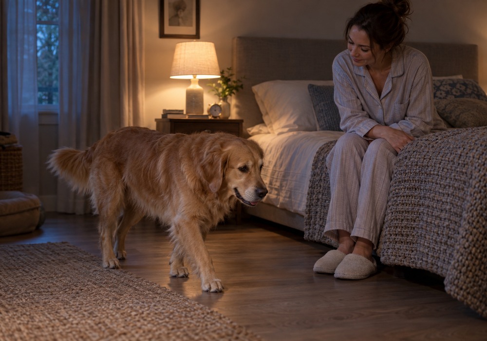 Dog restless at night pacing beside its bed