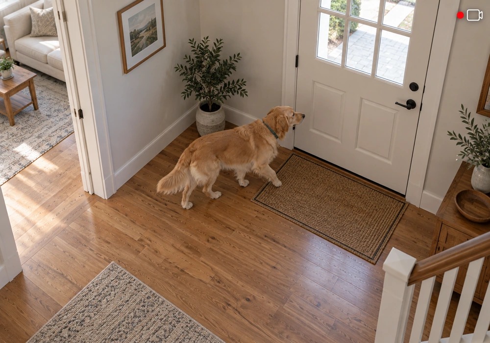 Home camera recording a dog showing separation anxiety near the front door