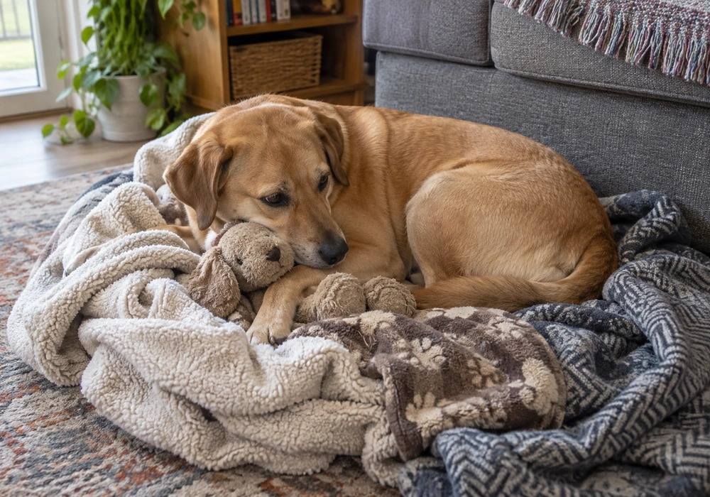 Female dog nesting with a toy during pseudopregnancy
