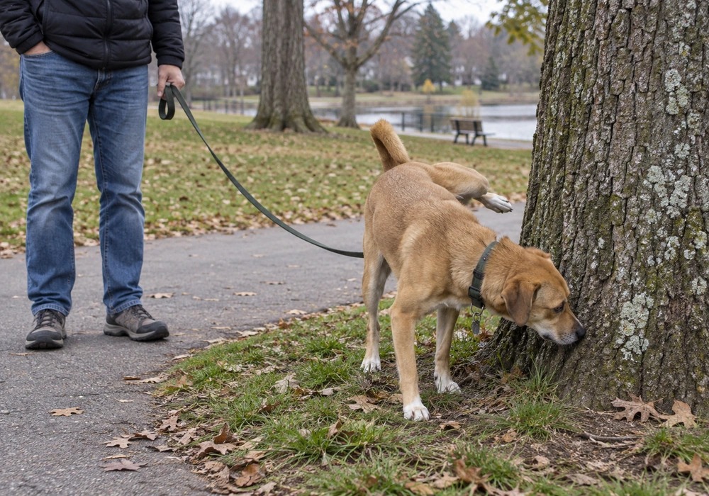 Intact male dog displaying hormonal marking behavior during a walk