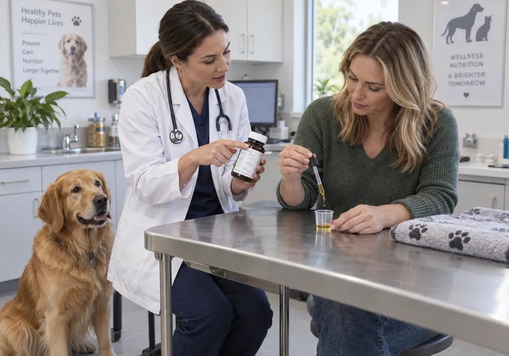Owner measuring an omega 3 supplement for a dog with veterinary guidance