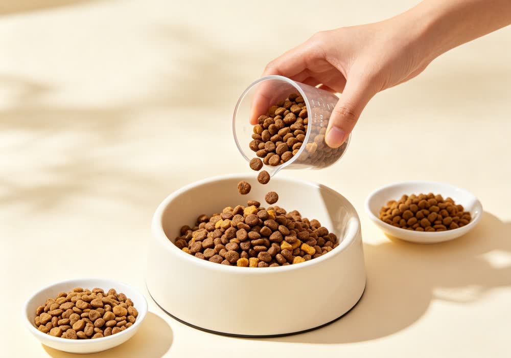 Owner gradually mixing puppy food with adult dog food during a dietary transition