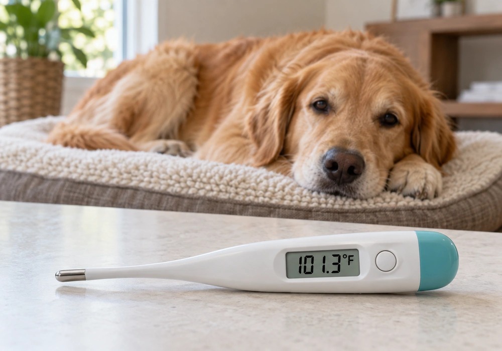 Digital thermometer showing a normal dog temperature of 101.3 degrees Fahrenheit