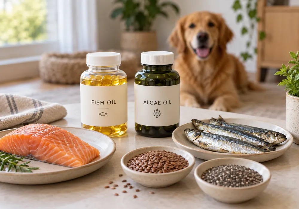 Fish oil, algae oil, salmon and flaxseed as omega 3 sources for dogs
