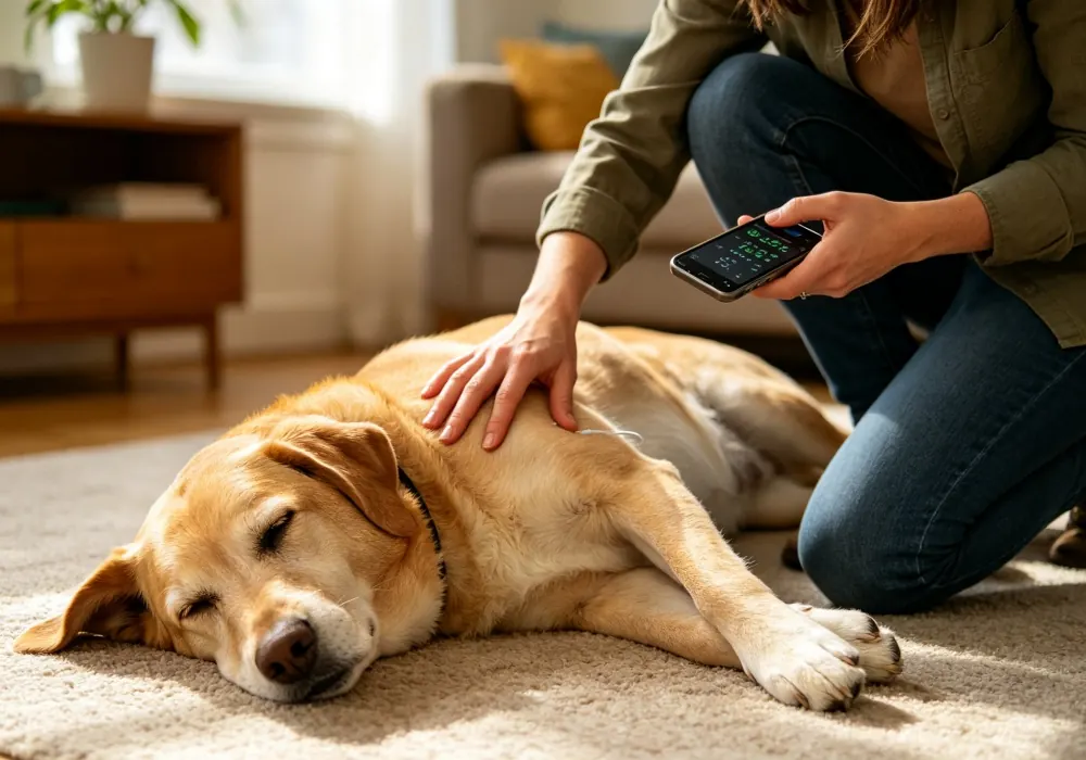 Owner checking a relaxed dog's heart rate at home with a phone timer