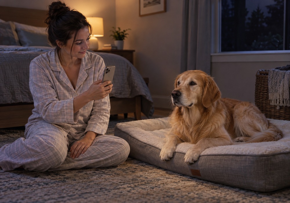 Owner checking a dog's nighttime restlessness and breathing