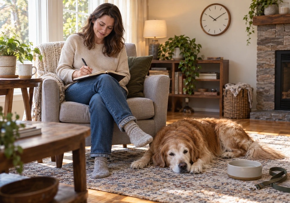 Owner tracking senior dog behavior changes in a daily health journal