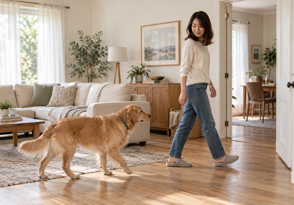 Relaxed dog following its owner from room to room at home