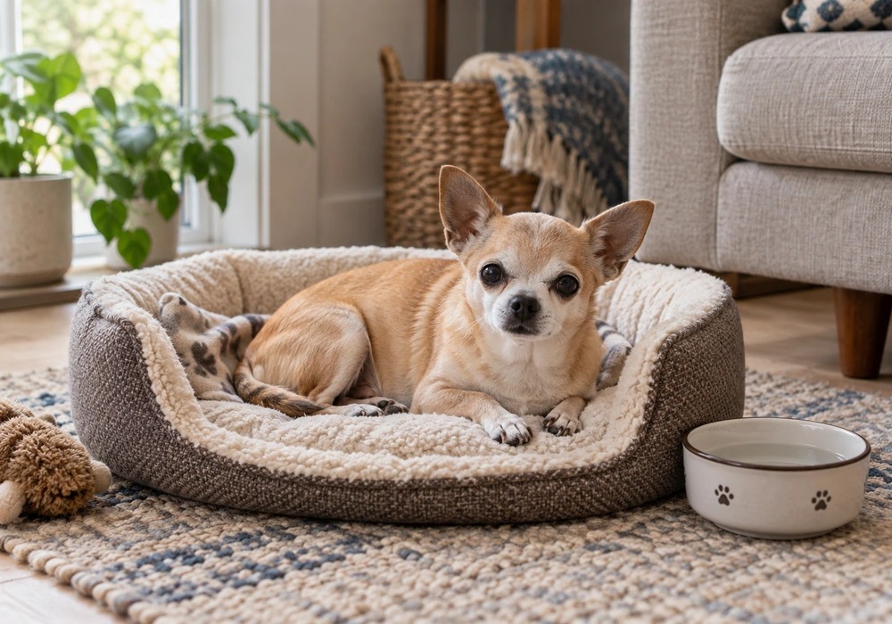 Senior Chihuahua resting comfortably in a warm supportive bed