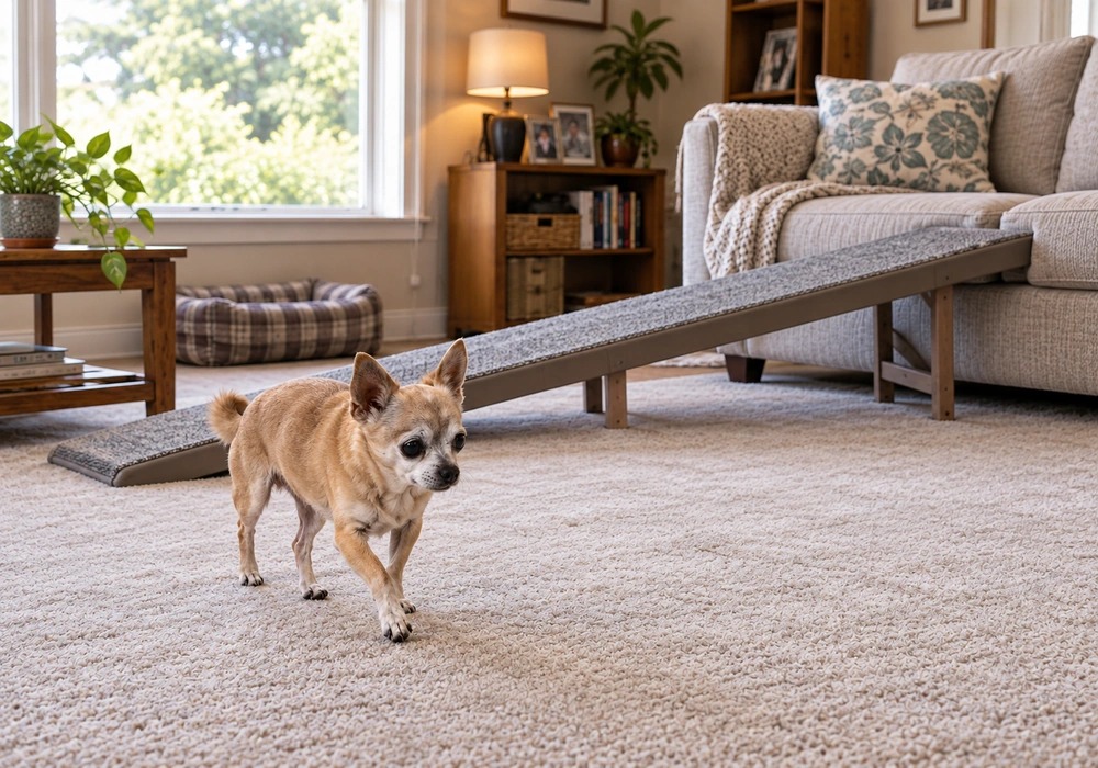 Senior Chihuahua using a nonslip floor and pet ramp at home