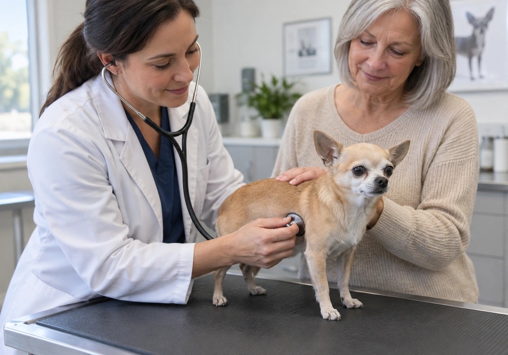 Veterinarian examining a senior Chihuahua during a health checkup