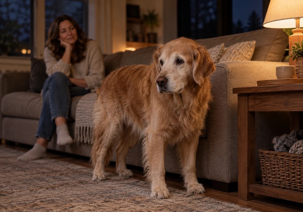 Senior dog showing nighttime confusion and age-related behavior changes