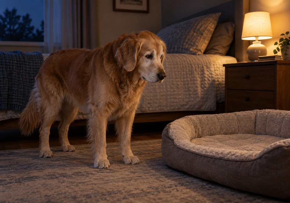 Senior dog restless at night near its bed