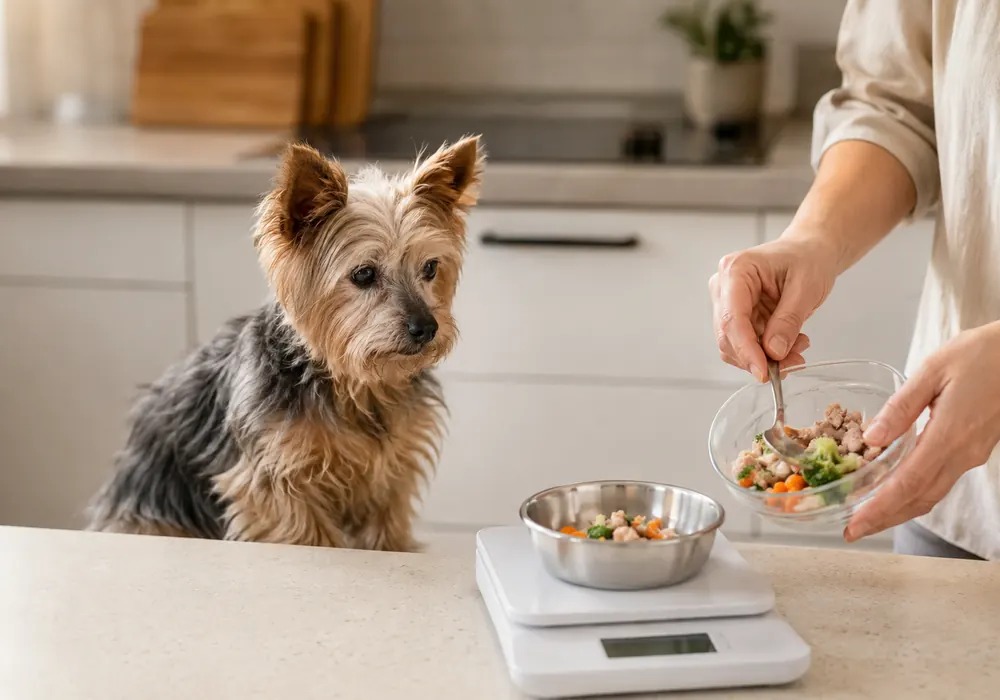 Owner preparing a measured balanced meal for a senior Yorkie