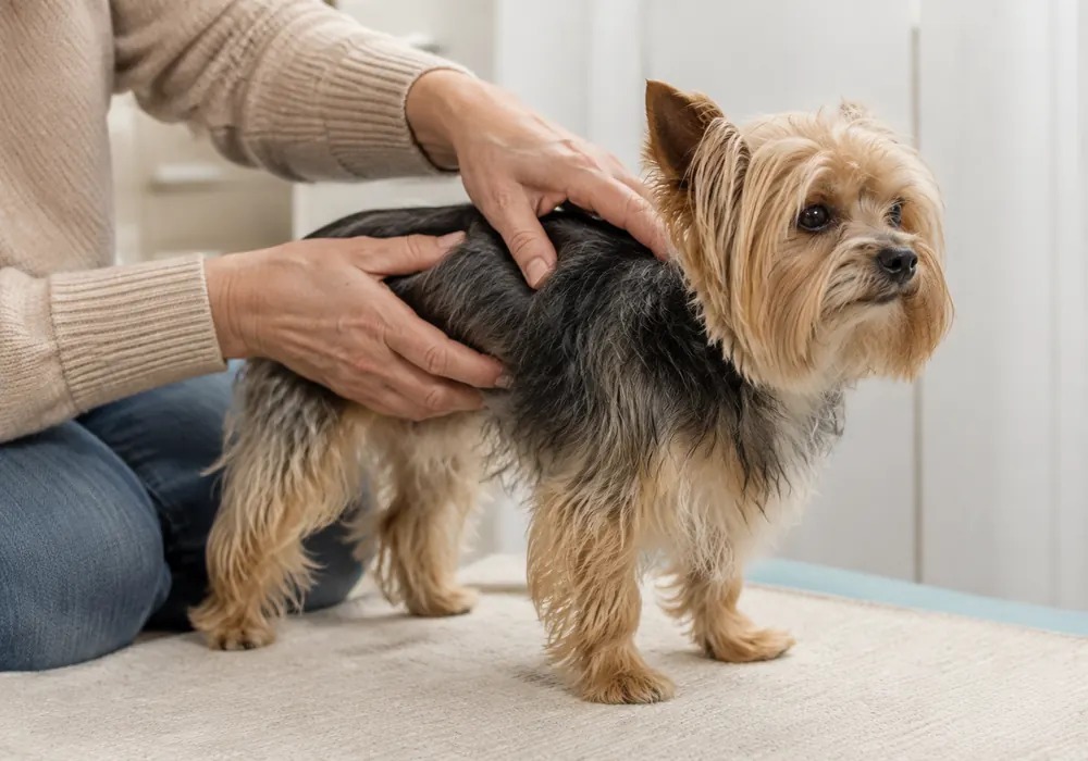 Owner checking the body and muscle condition of a senior Yorkie
