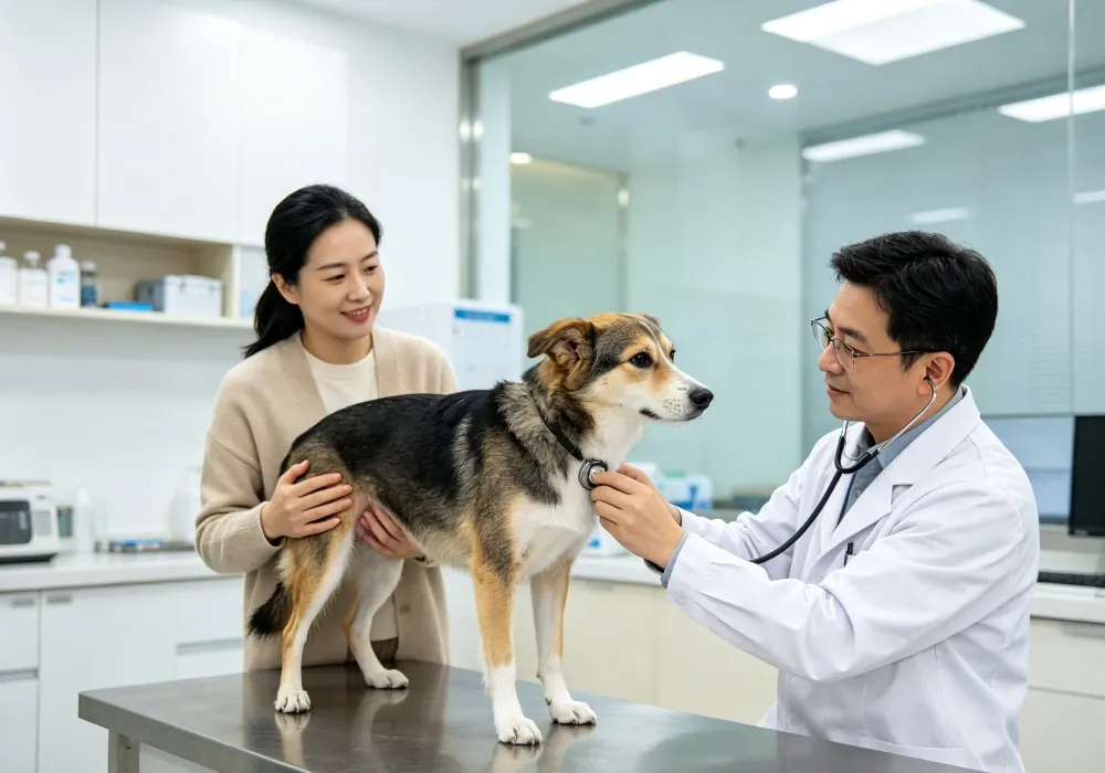 Veterinarian checking a dog's heart rate and femoral pulse during an examination