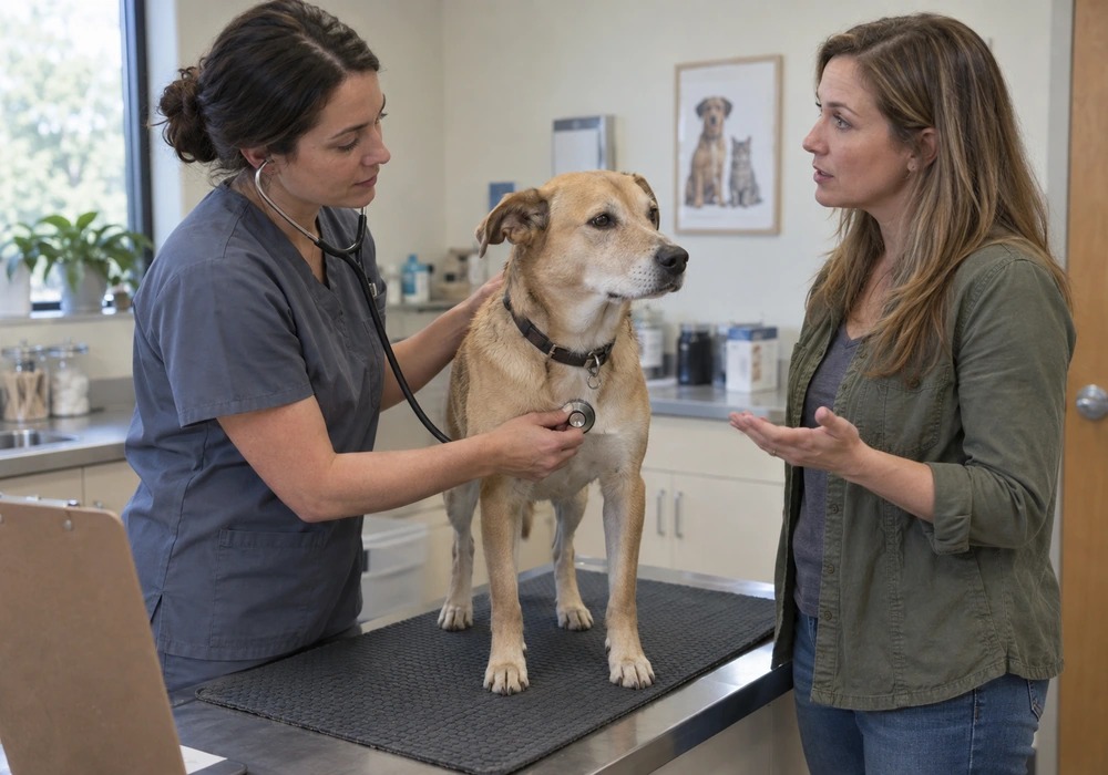 Veterinarian examining a dog with possible hormonal behavior changes