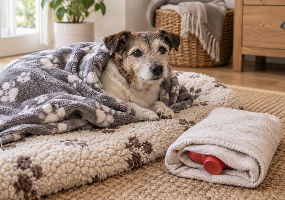 Small senior dog wrapped in a dry blanket after developing a low body temperature