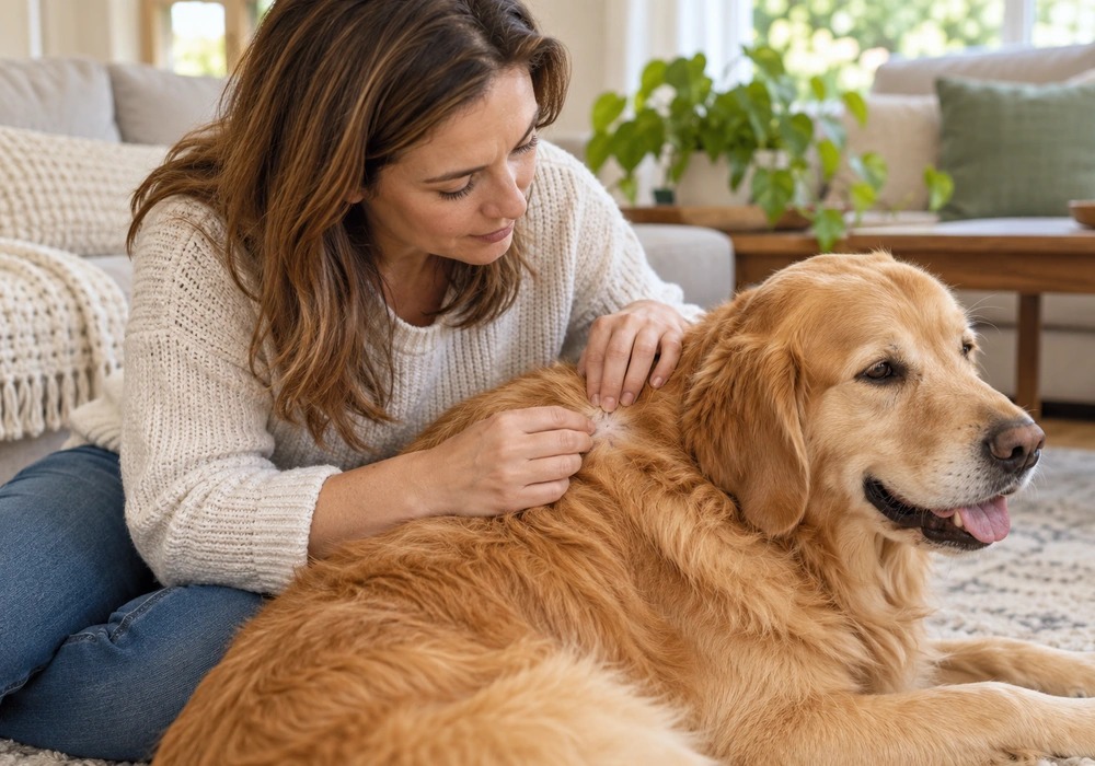 Owner checking a dog's skin and coat condition at home