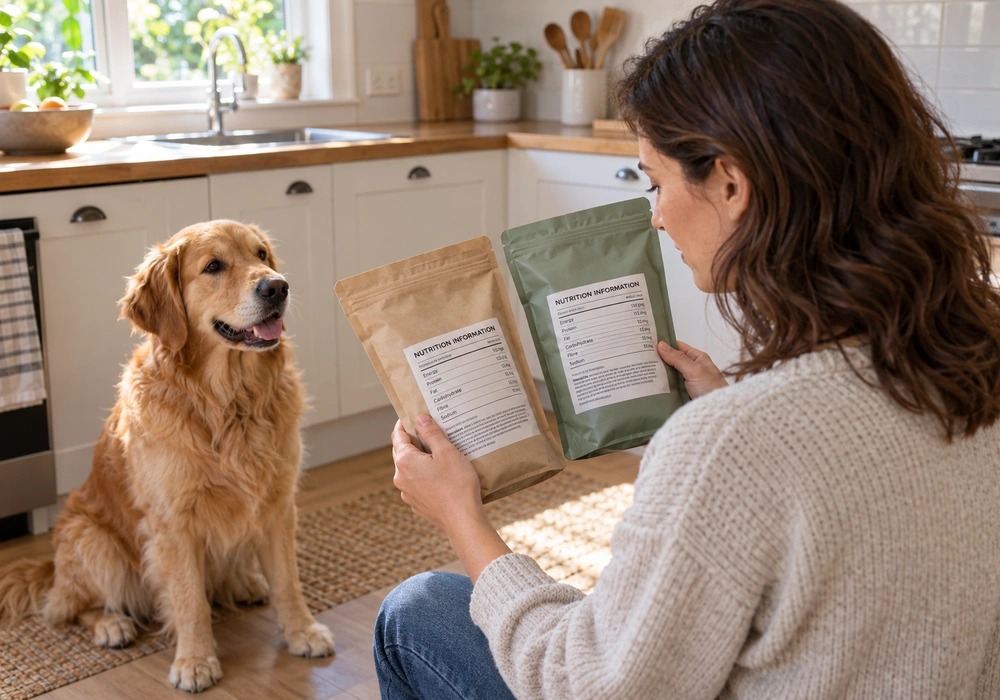 Owner comparing dog food labels for skin and coat health