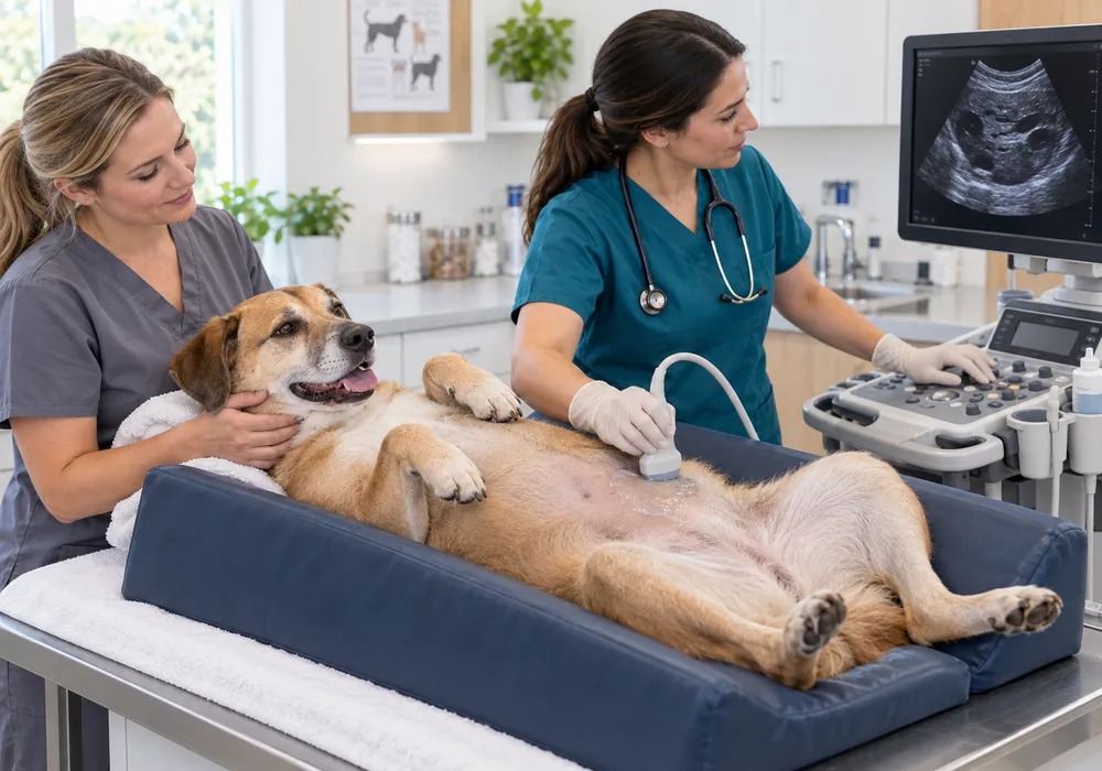 Dog receiving an abdominal ultrasound during an endocrine examination