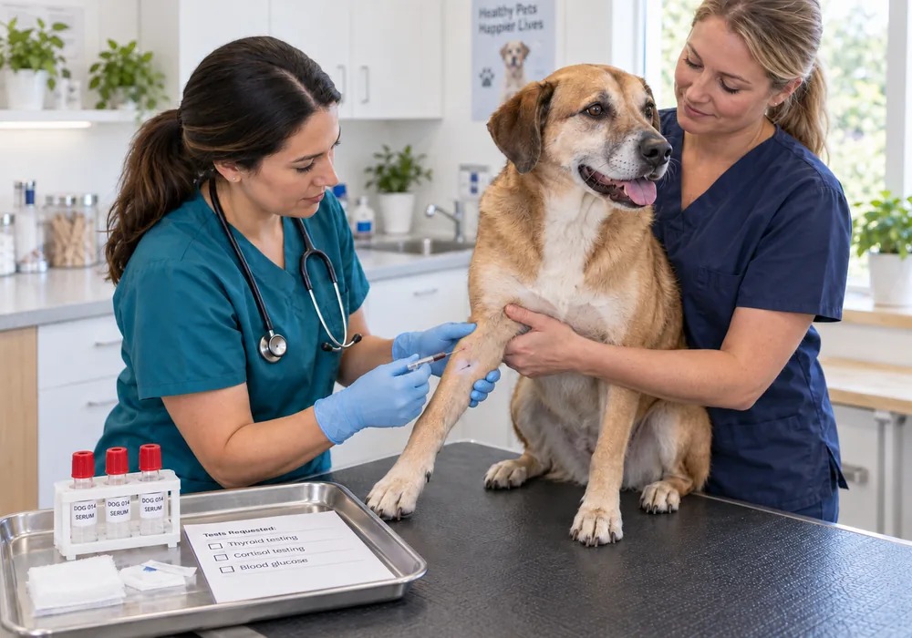 Veterinarian collecting a blood sample for canine hormone testing