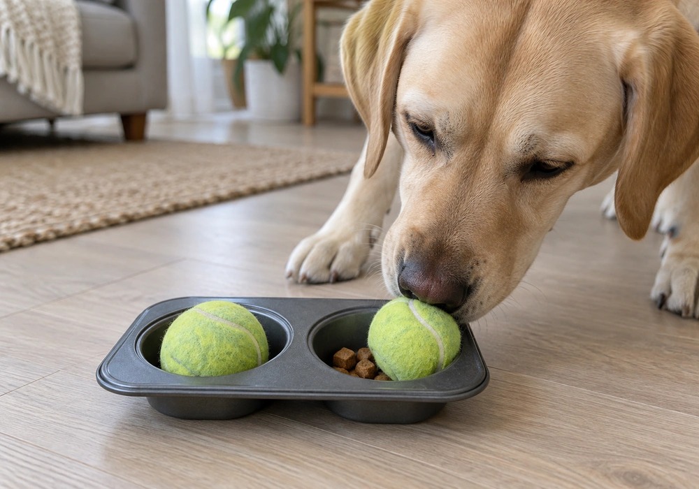 Dog nudging tennis balls off a muffin tin puzzle to find hidden treats