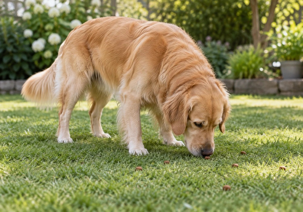 Golden retriever foraging for scattered kibble in a snuffle mat