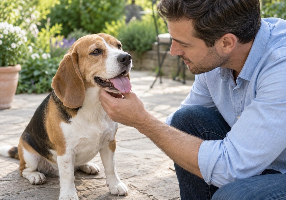 Owner checking a grey tongue in a dog under natural light
