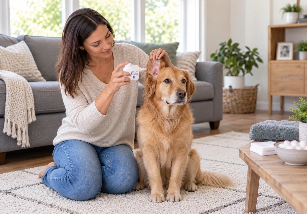 Owner gently cleaning a relaxed dog's ear with a canine ear-cleaning solution