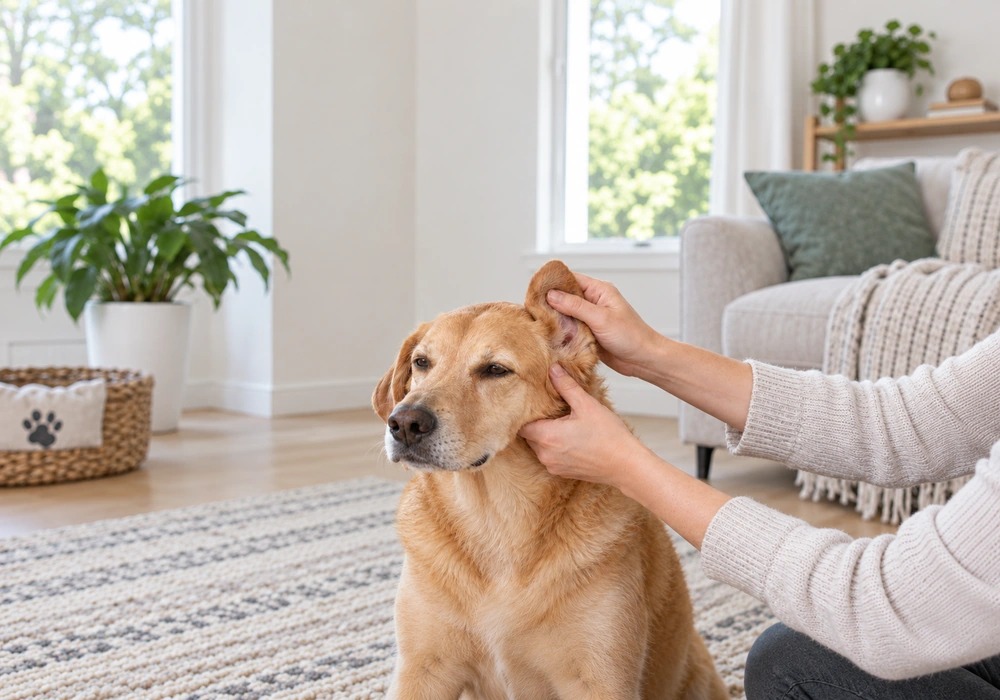 Owner gently massaging the base of a dog's ear after applying ear cleaner