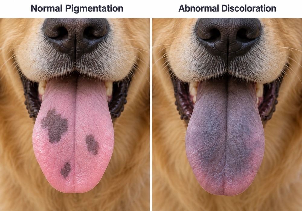 Comparison of normal tongue pigmentation and abnormal grey discoloration in dogs