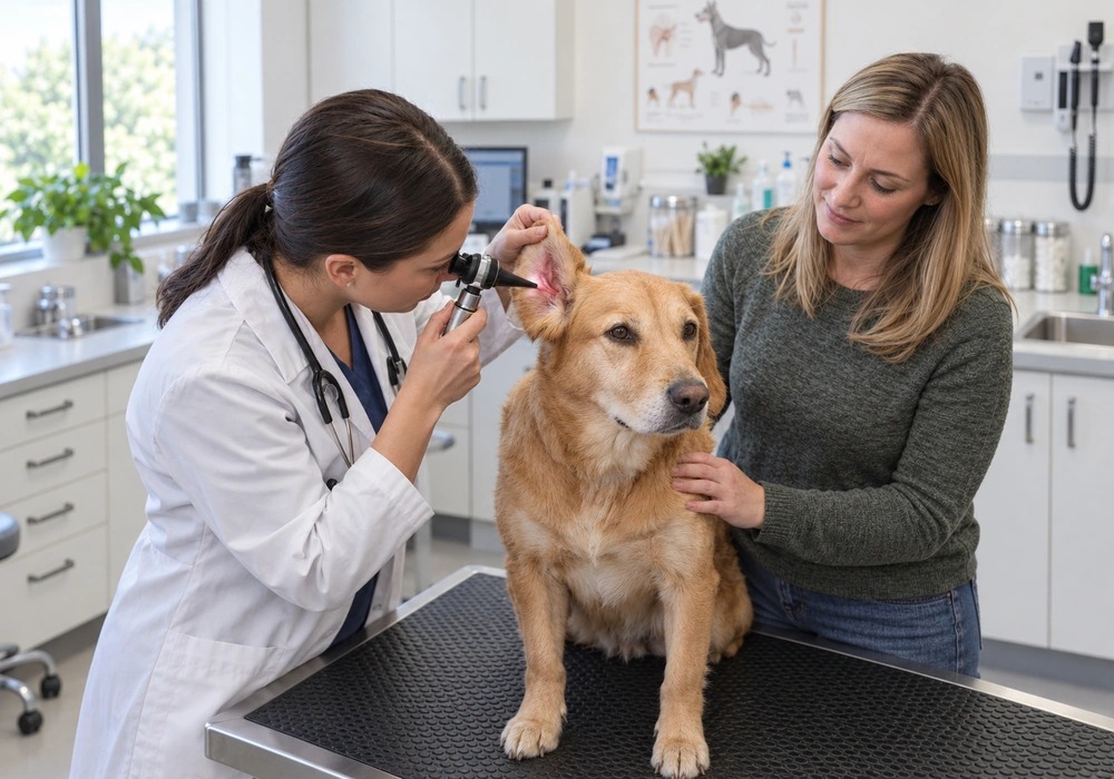 Veterinarian examining a dog's irritated ear with an otoscope