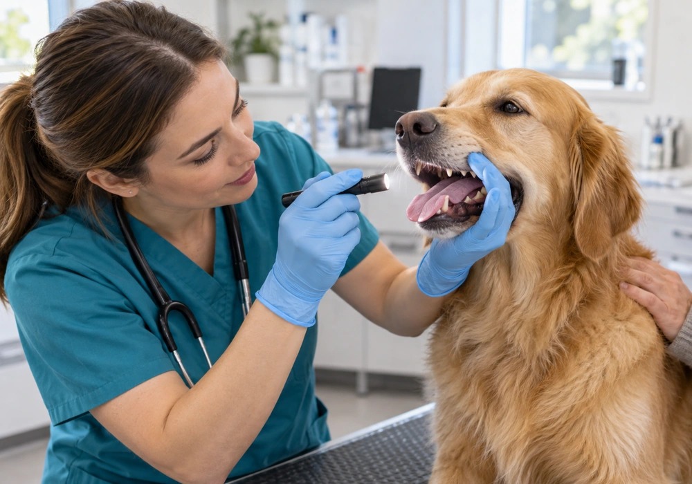 Veterinarian examining a dog's grey tongue and oral tissues
